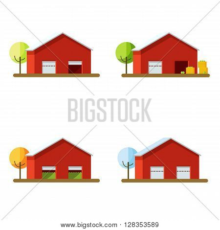 Set different seasons harvesting. Vector illustration of harvesting and storage. Storage for the harvest.The red storage building in different seasons