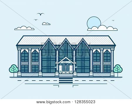 Stock vector illustration city street with multi-storey hotel, modern architecture in line style element for infographic, website, icon, games, motion design, video