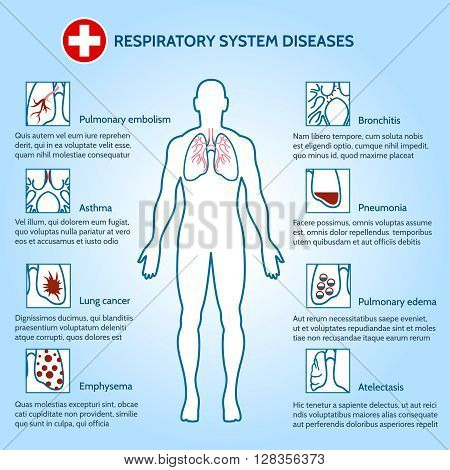 Respiratory system diseases. Human silhouette with lungs anatomy vector illustration