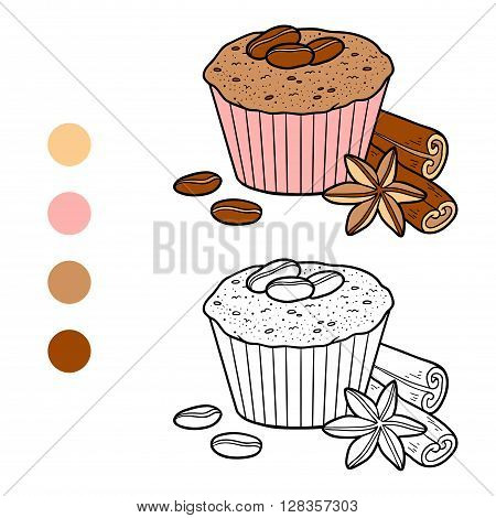 Coloring Book, Vector Cupcake With Coffee Beans