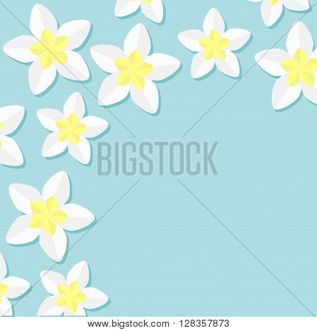 Frangipani Plumeria Tropical flower icon set. Hawaii Bali plant Flower frame corner. Blue background. Flat design Vector illustration