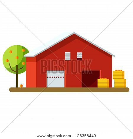 Vector illustration of harvesting and storage of crops. Harvest storage. Red storage and fruit harvest.