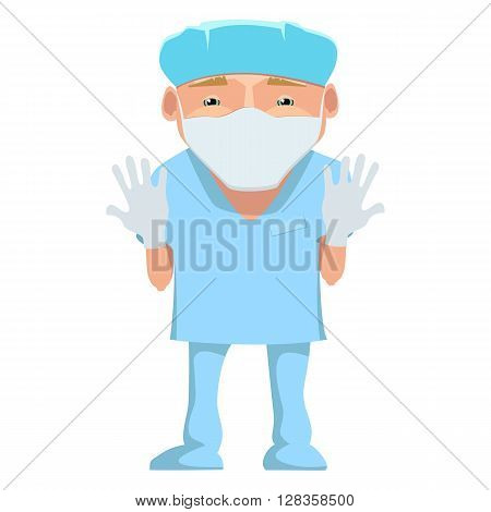 Vector illustration of a surgeon in a blue uniform. Cartoon happy smiling surgeon with mask and gloves isolated. Doctor in mask and gloves . Medical cartoon person.