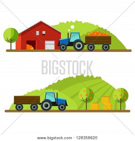 Flat design vector crop illustration. Farm rural landscape vector background. Agricultural machines .Rustic landscapes.Tractor in field crop. Life on the farm. Concept crops in field with tractor