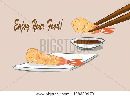 vector illustration of Japanese food deep fried shrimps with sauce (Tempura). eps 10