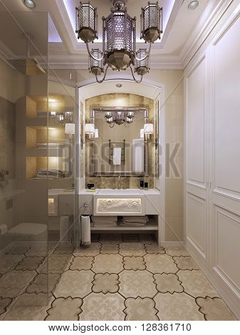 Bright bathroom in Moroccan style. 3d render