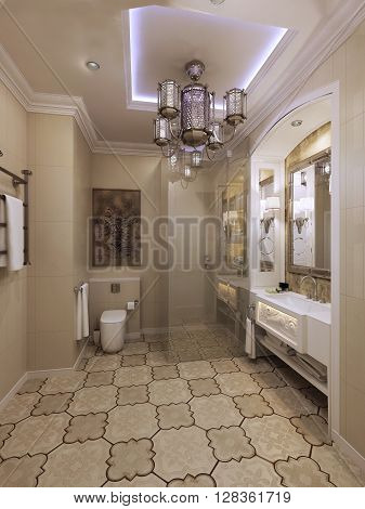 Bright eastern style bathroom, elegant interior. 3d render