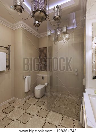 Moroccan bathroom interior, beige walls. 3d render