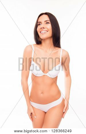 Beautiful Smiling Woman With Perfect Body In White Underwear