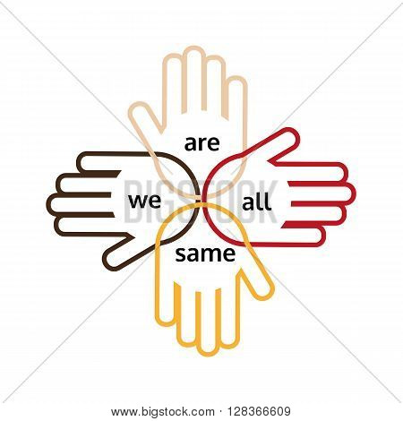 Motivated slogan on multinational unity and friendship. Arms of different nations are together. Idea on poster banner for different nations friendship multinational unity. Vector illustration