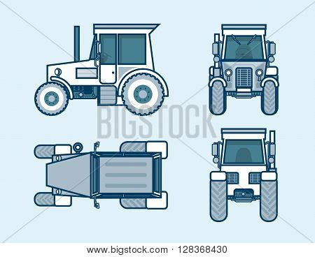 Set stock vector illustration isolated tractor top, front, side, back view line style blue background Element for site, info graphic, video, animation, website, e-mail, newsletter, report, comic, icon