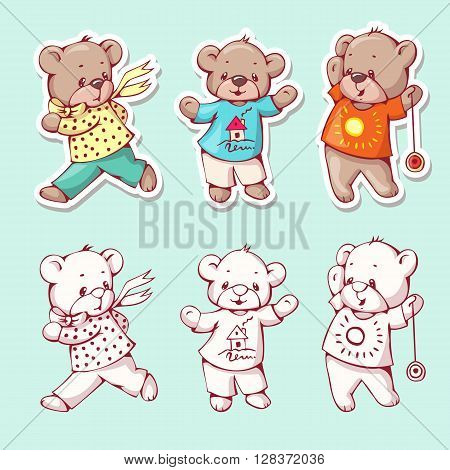 Vector set of funny cartoon bears isolated from a background. Monochrome and color version. Hand-drawn illustration.