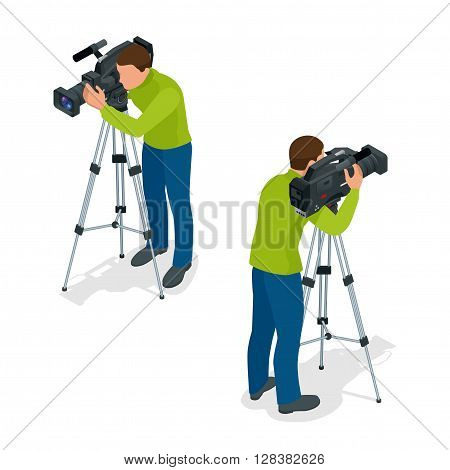 Video camera operator working with his professional equipment isolated on white background. Flat 3d vector isometric illustration