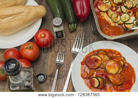 courgette gratin, zucchini baked, vegetables on the table