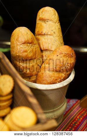 Still life with french bread in the basket