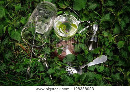 Set of bar accessories cocktail and ingredients for making a cocktails arranged on a mint background