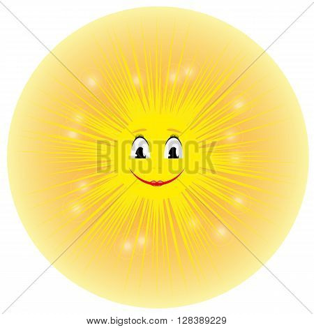 Vector illustration of a cute smiling yellow cartoon sun. Isolated on a white background. Shining summer sun with rays.