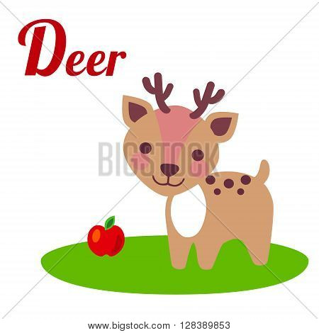 Cute animal alphabet. D letter. Cute cartoon Deer. Alphabet design in a colorful style.
