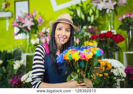 Smiling Woman Florist Small Business Flower Shop Owner. Selective Focus