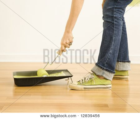 Femme caucasienne tremper le rouleau dans le bac de peinture.