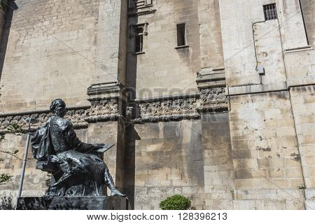 Jaen - Spain, may 2016, 2: Statue sculpted in bronze of the architect Andres de Vandelvira, architect and Spanish Renaissance stonemason. Placed in the rear part of the cathedral of Jaen, take in jaen, Spain
