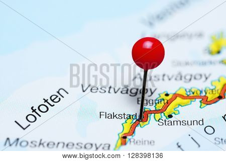 Flakstad pinned on a map of Lofoten Islands, Norway