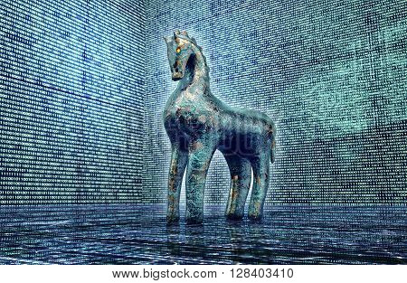 Computer Safety Concept, Trojan Horse In Electronic Environment, 3D Illustration