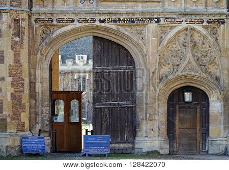CAMBRIDGE, UK - FEBRUARY 24: A payment kiosk stands in the open entranceway to Trinity College, Cambridge, UK on February 24, 2016.