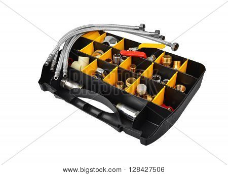 Plastic box with pumbing tools isolated on white background