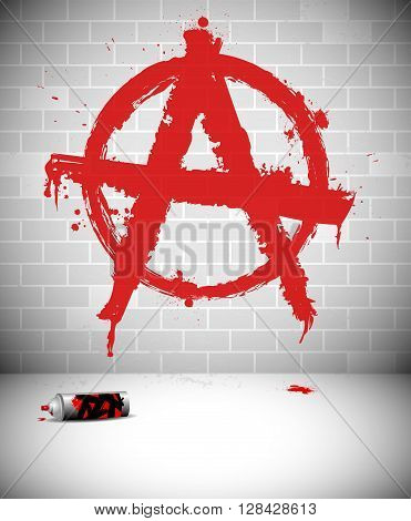 Graffiti on brick wall - red anarchy sign. Vector illustration.