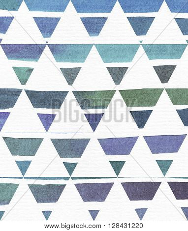 Blue and purple illustration cool and branding freehand texture based on watercolor gradient stripes in classic equilateral triangles. Large grainy bright image on white paper with imperfections and grain