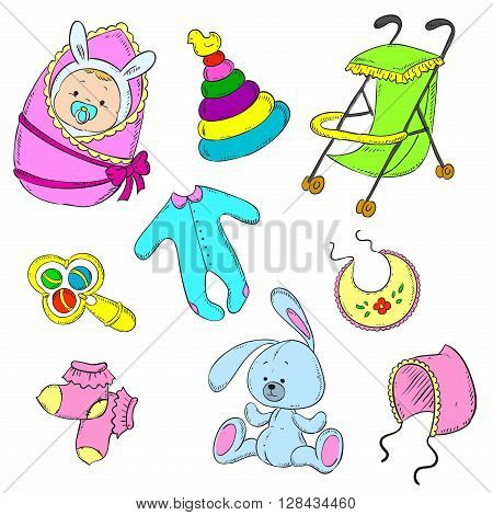 Set for newborn girl. Baby, stroller, rattle, cap, socks, toddlers, toy, pyramid