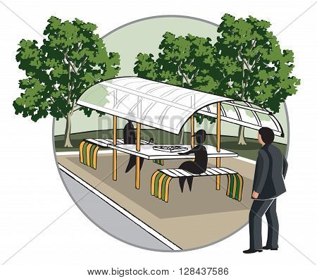 sketch of a relaxation area with a gazebo for Board games