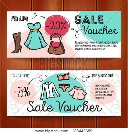 Vector set of discount coupons for woman clothes, underwear and accessories. Colorful doodle discount voucher templates. Fashion store promo offer cards.