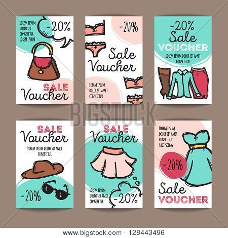 Vector set of discount coupons for woman clothes underwear and accessories. Colorful doodle discount voucher templates. Fashion store promo offer cards.
