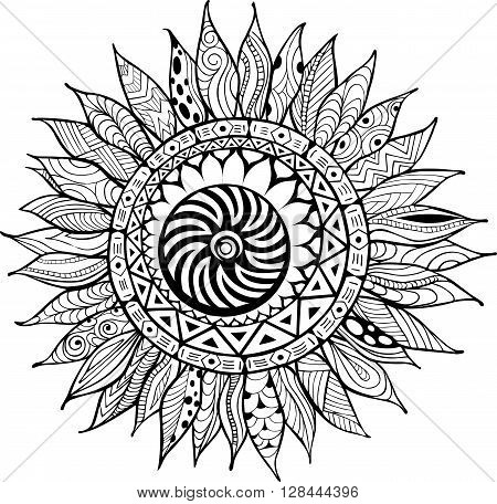 Hand drawn zentangle sunflower ornaments for antistress coloring book