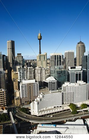 Letecký pohled budov v centru Sydney, Austrálie.