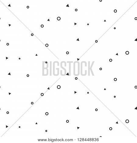 Tiny geometric signs seamless white pattern. Inconspicuous thin circles and triangles website background monochrome pattern.