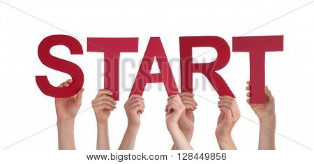 Many Caucasian People And Hands Holding Red Straight Letters Or Characters Building The Isolated English Word Start On White Background