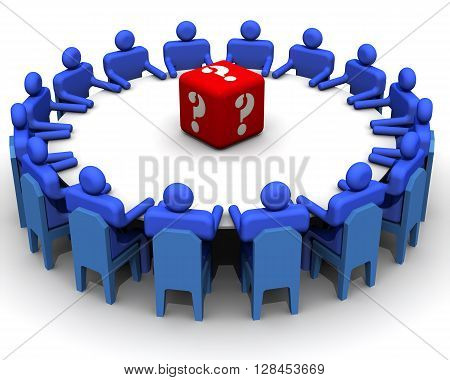 Problem solving. Symbolic people sitting at a round conference table in the center of which lies the dice with symbols of questions. The concept of problem solving. Isolated. 3D Illustration