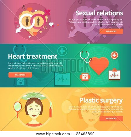 Medical and health banners set. Sexology. Heart treatment. Cardiology. Anaplasty. Plastic surgery. Modern flat vector illustrations. Horizontal banners.