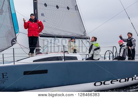 KYIV, UKRAINE - APRIL 26, 2016: Traning on the new model of yacht OceanTECH L30 on the Kyiv water reservoir or Kyiv SEA with Rodion Luka, L30 idea author, Silver medalist.