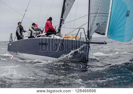 KYIV, UKRAINE - APRIL 26, 2016: Traning on the new model of yacht OceanTECH L30 on the Kyiv water reservoir or Kyiv SEA with Rodion Luka, L30 idea author, Silver Olympic medalist.