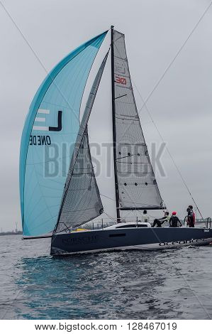 KYIV, UKRAINE - APRIL 26, 2016: Traning on the new model of yacht OceanTECH L30 on the Kyiv water reservoir or Kyiv SEA with Rodion Luka, L30 idea author, Silver Olympic medalist.