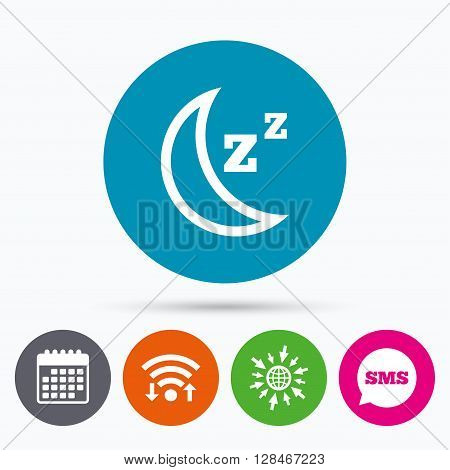 Wifi, Sms and calendar icons. Sleep sign icon. Moon with zzz button. Standby. Go to web globe.
