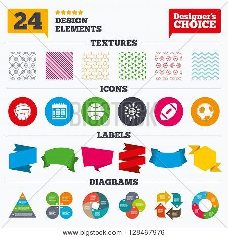 Banner tags, stickers and chart graph. Sport balls icons. Volleyball, Basketball, Soccer and American football signs. Team sport games. Linear patterns and textures.