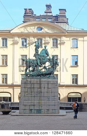 Statue of Sankt Goran, fighting with the Dragon in Stockholm, Sweden.