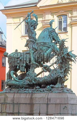 Statue of Sankt Goran, fighting with the Dragon in Stockholm, Sweden.