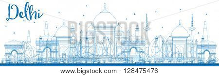 Outline Delhi skyline with blue landmarks. Vector illustration. 
