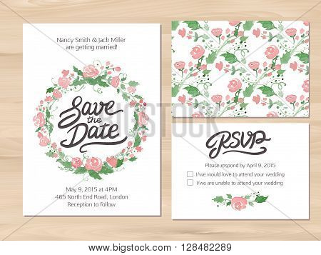 Wedding set with watercolor flowers and hand drawn lettering. Save the date invitation, RSVP card, seamless floral background. Seamless illustrator swatch for background included. Free font used - Afta sans.